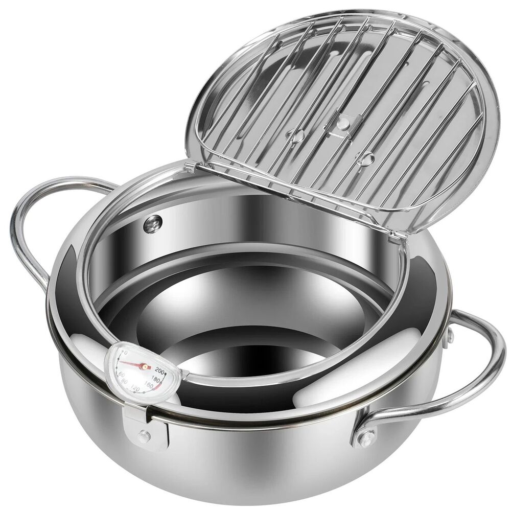 Deep Fryer Pot, 9 inch Stainless Steel W/ Thermometer & Lid, Deep Frying Pan
